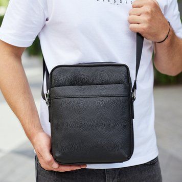 Мужская сумка-месенджер на два отделения кожаная черная Tiding Bag 7459 7459 фото